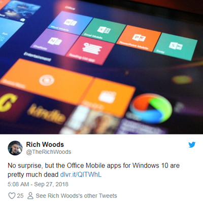 微软证实将停止Windows 10 Office Mobile应用的开发