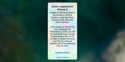 苹果向iPhone 5用户发出通知：尽快更新到 iOS 10.3.4