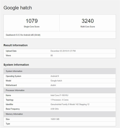 谷歌 Hatch 笔记本 Geekbench 跑分曝光英特尔新款处理器